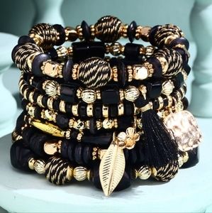 Formal Black & Gold Multi Textured Layered Beaded Bracelet Set w Golden Charms